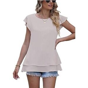 Womens Flutter Sleeve Top Crewneck Double Layer Blouse Elegant Casual GREY MED‎